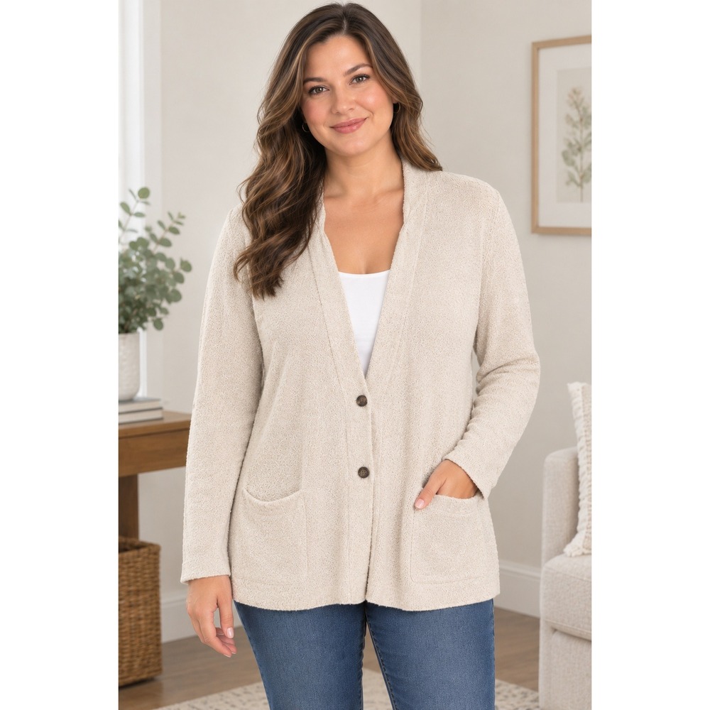 Beige Cotton Knit Button Front Cardigan Sweater with Pockets Size 44